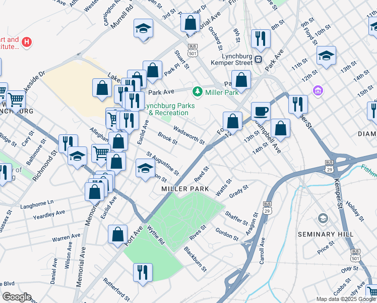 map of restaurants, bars, coffee shops, grocery stores, and more near 1099 Brook Street in Lynchburg