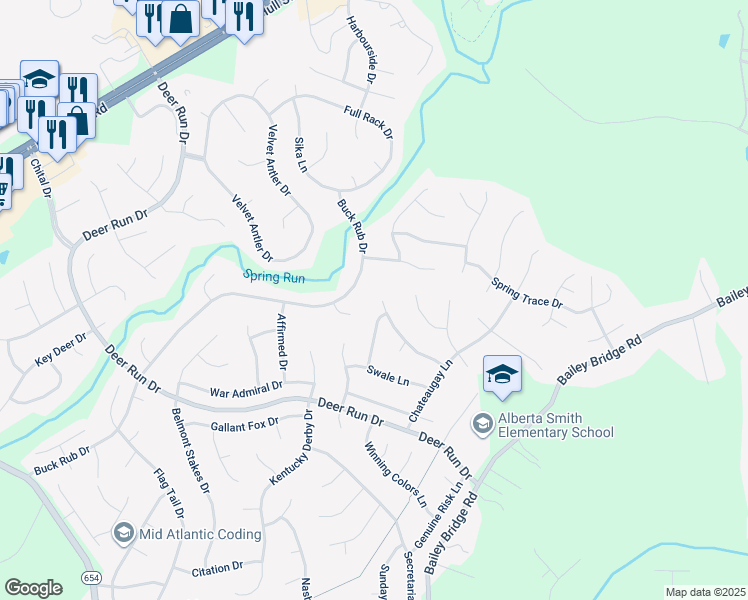 map of restaurants, bars, coffee shops, grocery stores, and more near 13807 Cannonade Lane in Midlothian