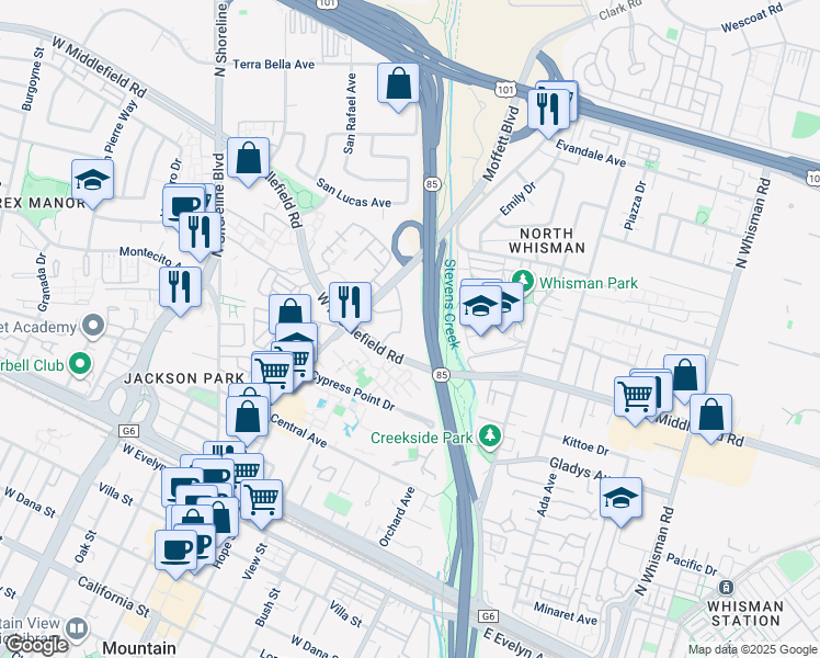 map of restaurants, bars, coffee shops, grocery stores, and more near 500 West Middlefield Road in Mountain View