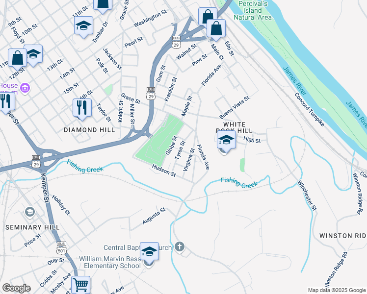 map of restaurants, bars, coffee shops, grocery stores, and more near 1010 Tyree Street in Lynchburg