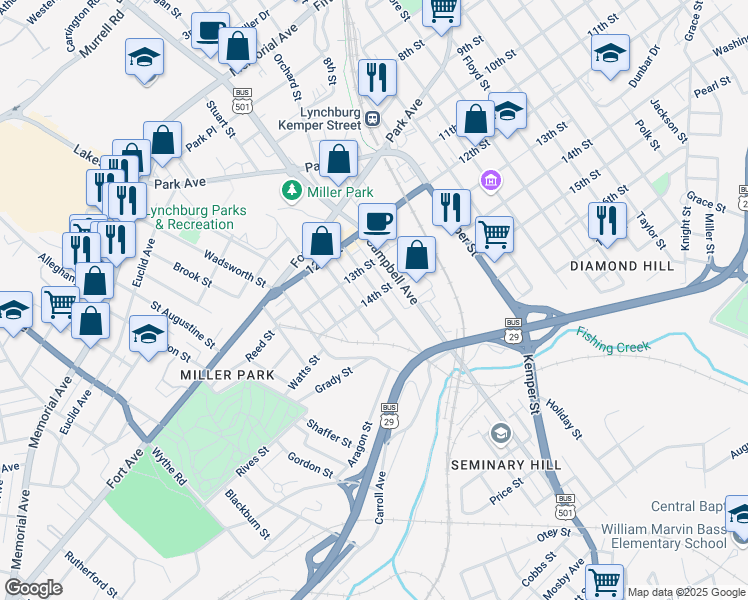 map of restaurants, bars, coffee shops, grocery stores, and more near 1401 Garfield Avenue in Lynchburg