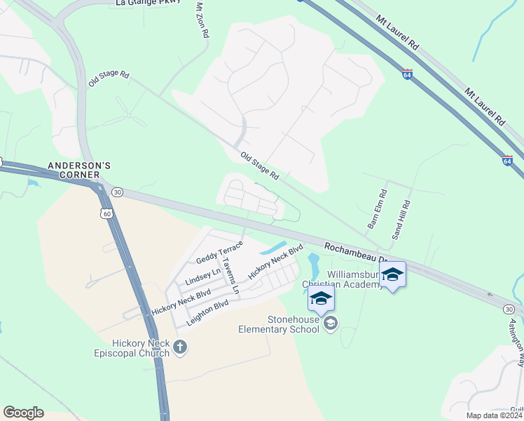 map of restaurants, bars, coffee shops, grocery stores, and more near 3405 Westham Lane in Toano