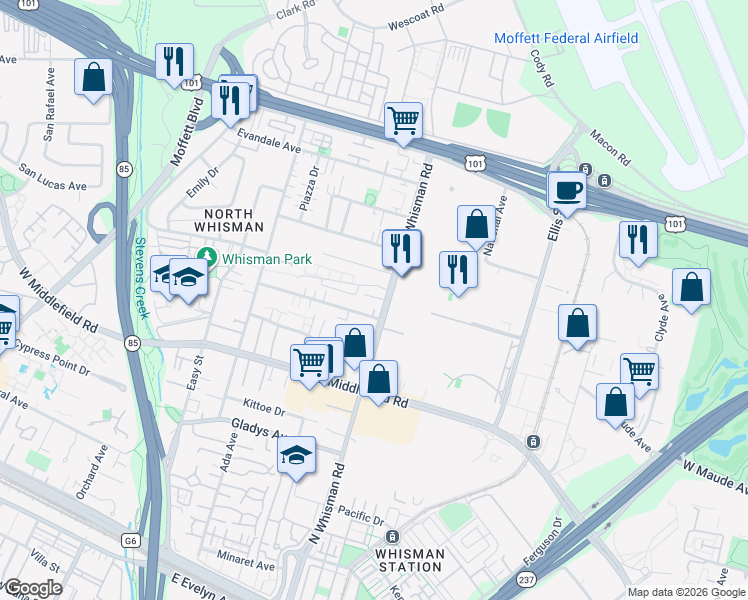map of restaurants, bars, coffee shops, grocery stores, and more near 422 Whisman Court in Mountain View