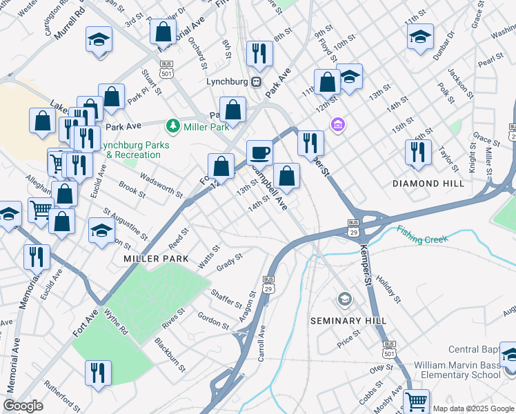 map of restaurants, bars, coffee shops, grocery stores, and more near 1401 Garfield Avenue in Lynchburg