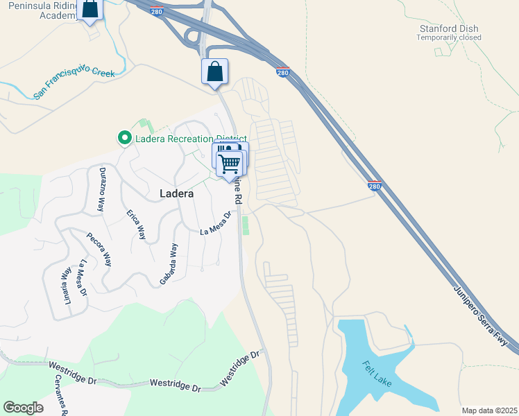 map of restaurants, bars, coffee shops, grocery stores, and more near Jeep Trail in Portola Valley