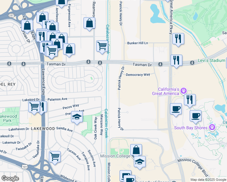 map of restaurants, bars, coffee shops, grocery stores, and more near 4900 Patrick Henry Drive in Santa Clara