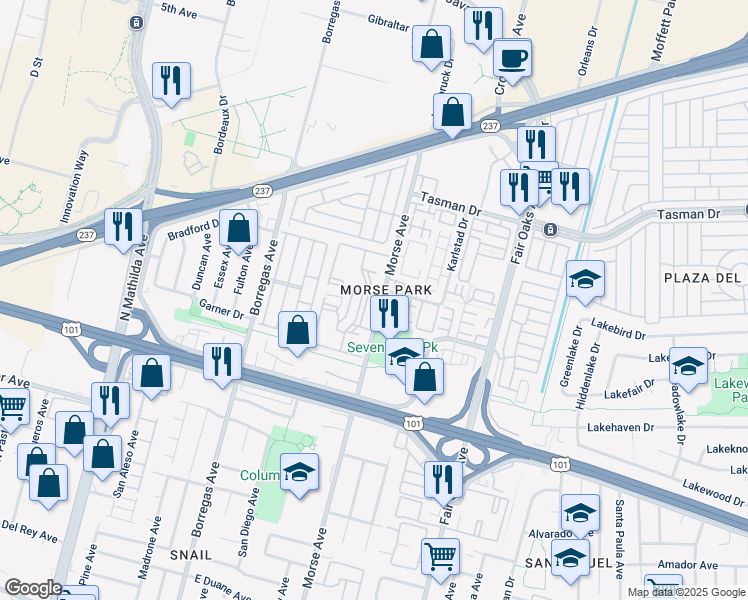 map of restaurants, bars, coffee shops, grocery stores, and more near 1063 Morse Avenue in Sunnyvale