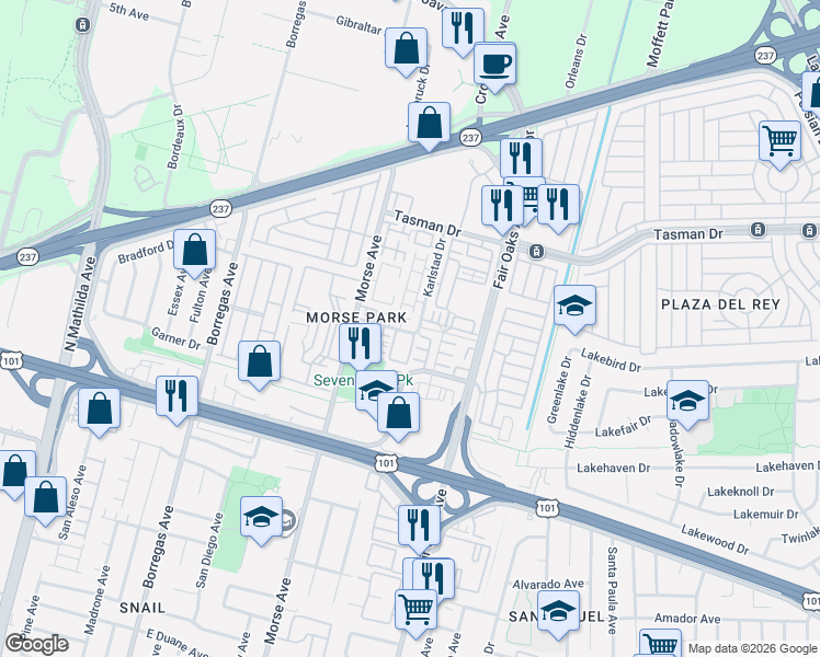 map of restaurants, bars, coffee shops, grocery stores, and more near 1113 Lubeck Terrace in Sunnyvale