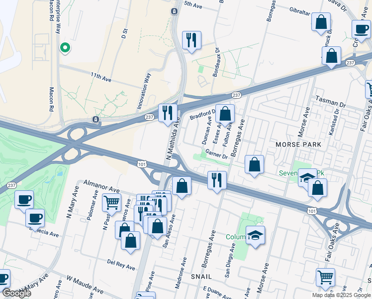 map of restaurants, bars, coffee shops, grocery stores, and more near 1003 Bradford Drive in Sunnyvale