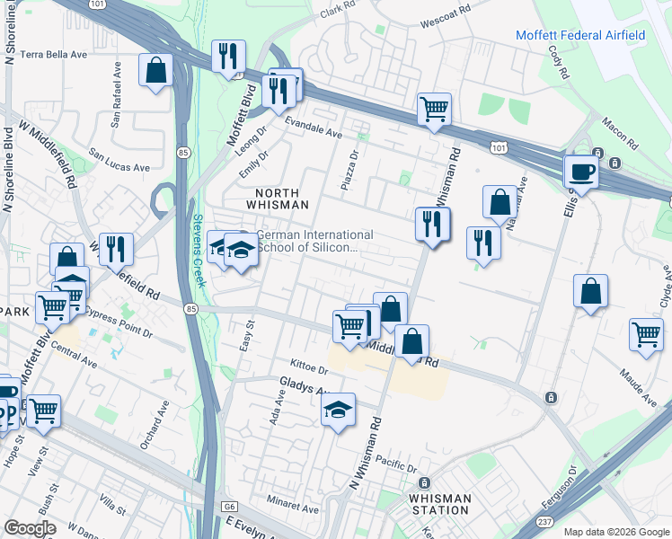 map of restaurants, bars, coffee shops, grocery stores, and more near 38 Sherland Avenue in Mountain View