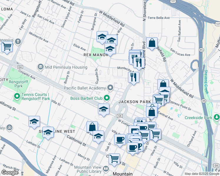 map of restaurants, bars, coffee shops, grocery stores, and more near 1430 Wildrose Way in Mountain View