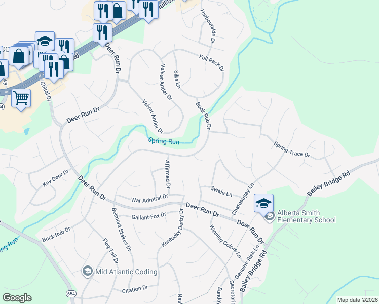 map of restaurants, bars, coffee shops, grocery stores, and more near 7106 Velvet Antler Drive in Midlothian