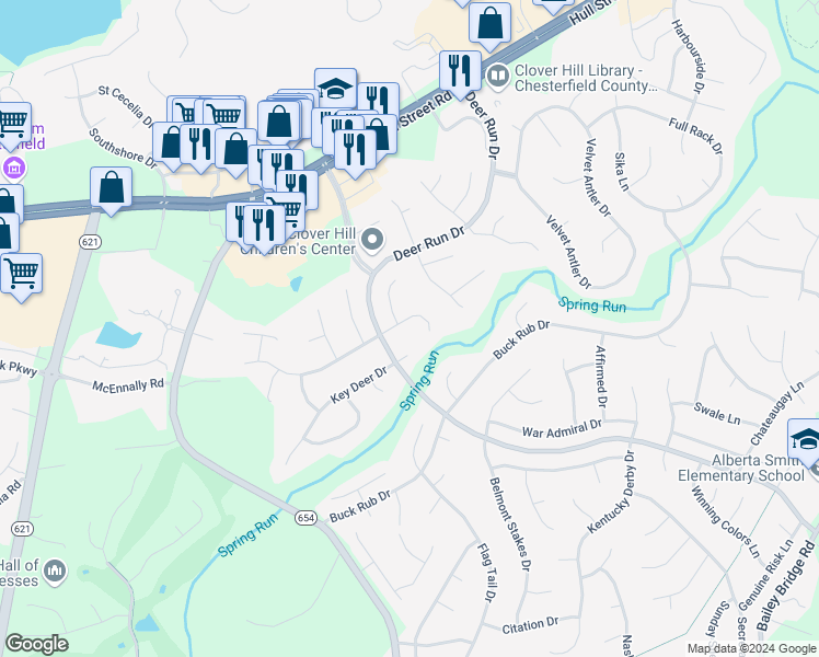 map of restaurants, bars, coffee shops, grocery stores, and more near 14037 Branched Antler Drive in Midlothian