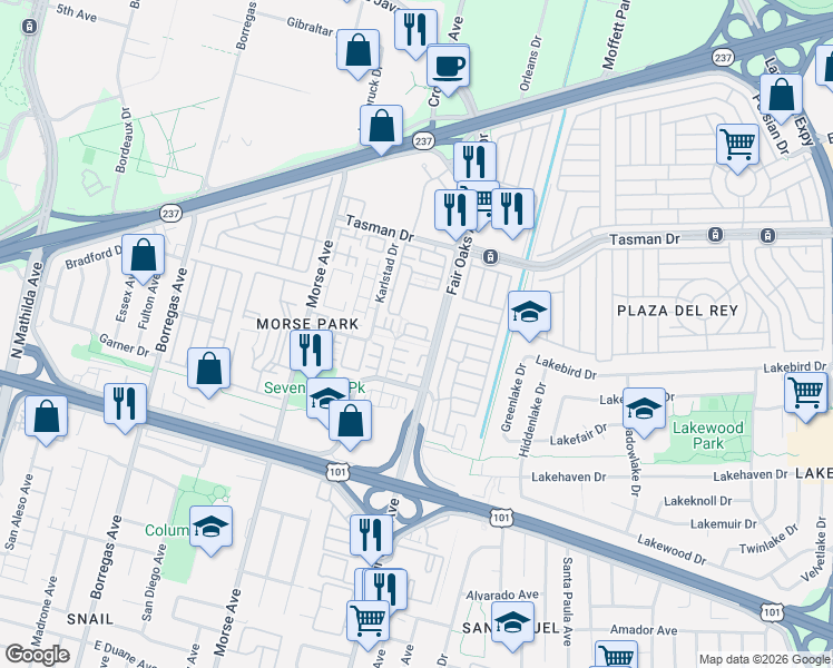 map of restaurants, bars, coffee shops, grocery stores, and more near 1101 North Fair Oaks Avenue in Sunnyvale