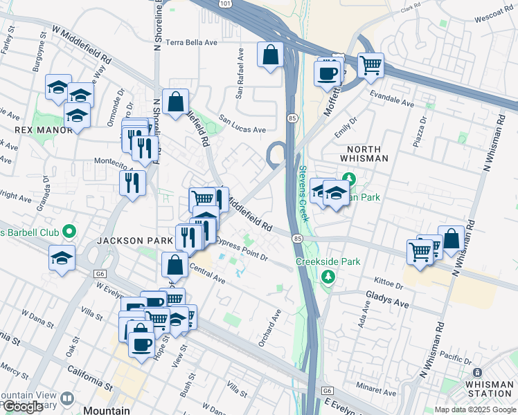 map of restaurants, bars, coffee shops, grocery stores, and more near 500 West Middlefield Road in Mountain View