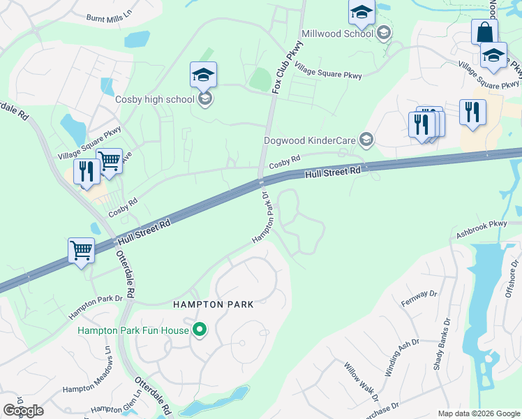map of restaurants, bars, coffee shops, grocery stores, and more near 15500 Hampton Park Drive in Chesterfield