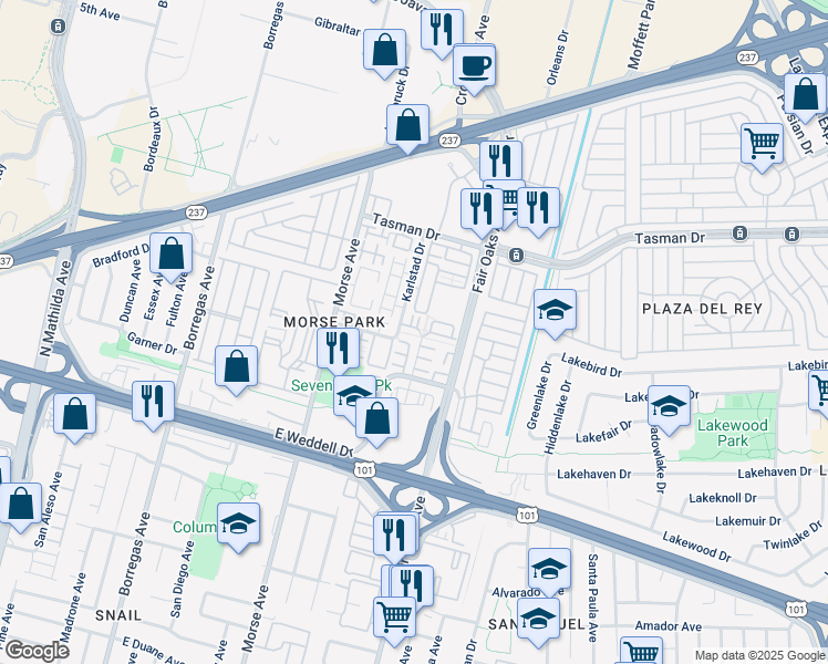 map of restaurants, bars, coffee shops, grocery stores, and more near 1057 Saginaw Terrace in Sunnyvale