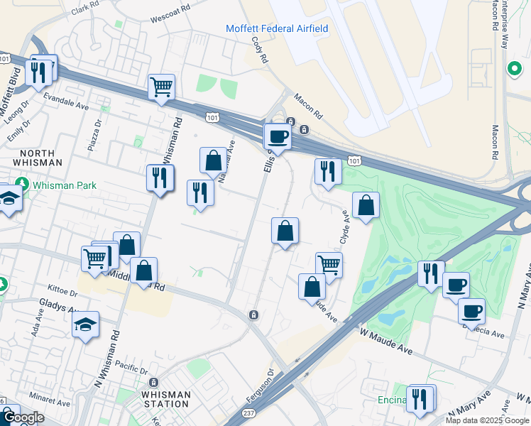 map of restaurants, bars, coffee shops, grocery stores, and more near 499 National Ave in Mountain View