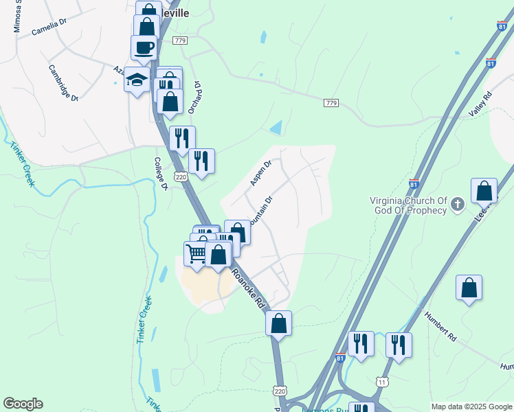 map of restaurants, bars, coffee shops, grocery stores, and more near 189 Tinker Mountain Drive in Daleville