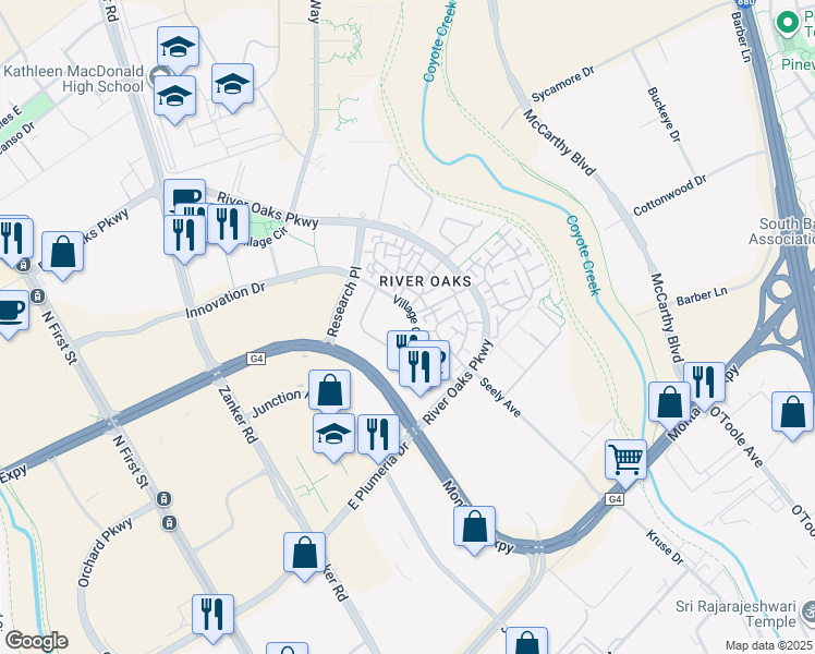 map of restaurants, bars, coffee shops, grocery stores, and more near 345 Village Center Drive in San Jose
