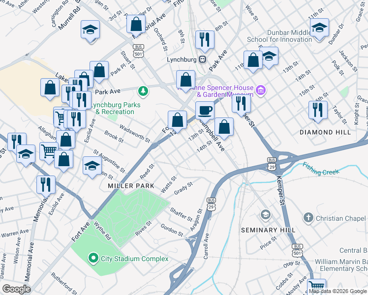 map of restaurants, bars, coffee shops, grocery stores, and more near 2105 13th Street in Lynchburg