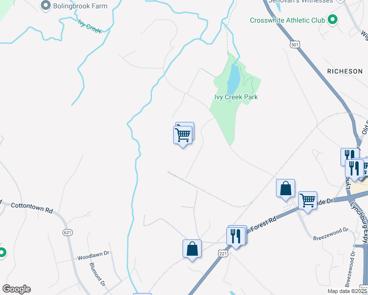 map of restaurants, bars, coffee shops, grocery stores, and more near 230 Jefferson Ridge Parkway in Lynchburg