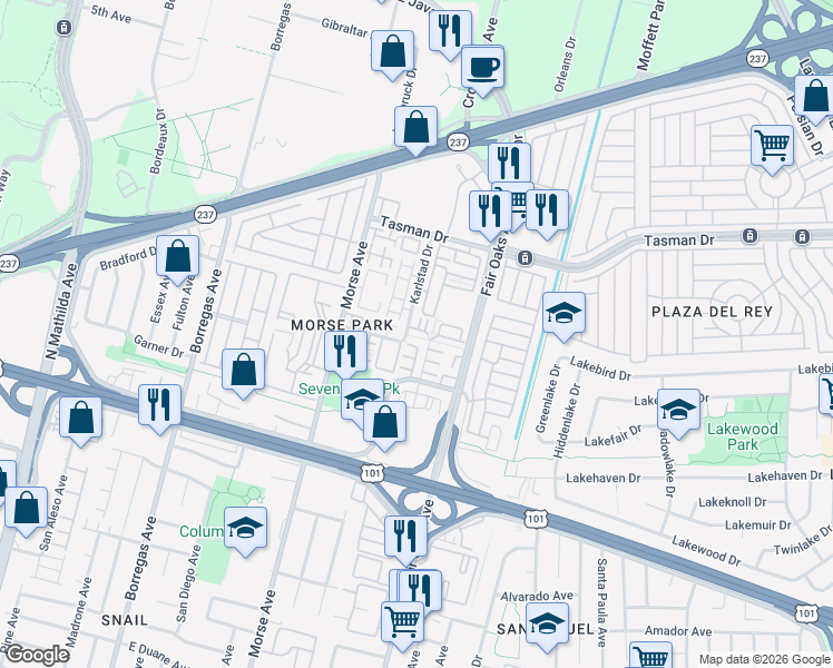 map of restaurants, bars, coffee shops, grocery stores, and more near 1057 Saginaw Terrace in Sunnyvale