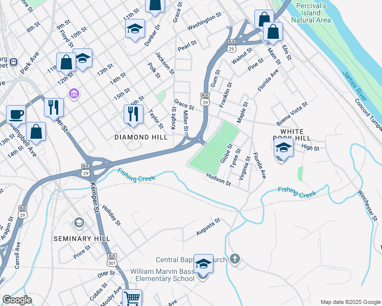 map of restaurants, bars, coffee shops, grocery stores, and more near 1915 Preston Street in Lynchburg