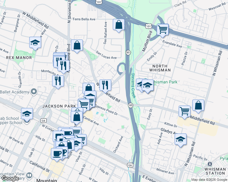 map of restaurants, bars, coffee shops, grocery stores, and more near 500 West Middlefield Road in Mountain View