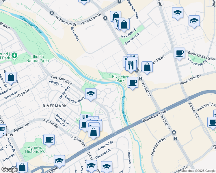 map of restaurants, bars, coffee shops, grocery stores, and more near 590 Mill Creek Lane in Santa Clara