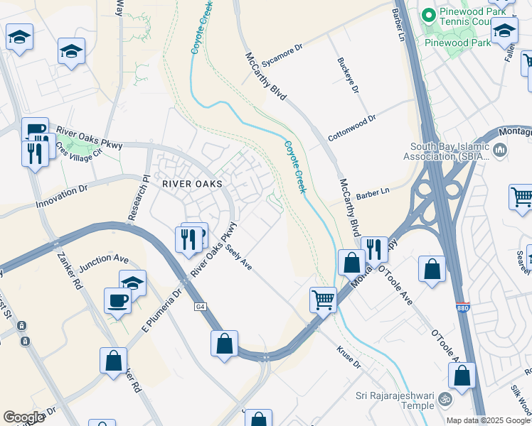 map of restaurants, bars, coffee shops, grocery stores, and more near 670 Encore Way in San Jose