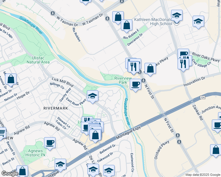 map of restaurants, bars, coffee shops, grocery stores, and more near 590 Mill Creek Lane in Santa Clara