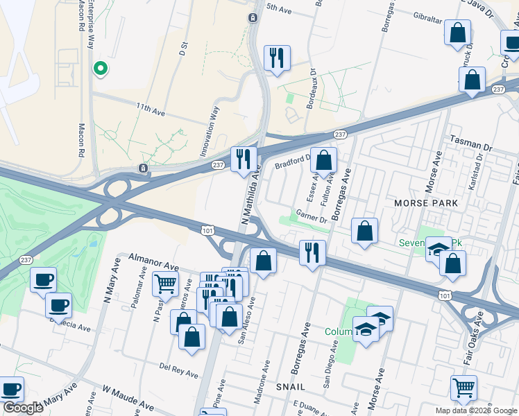 map of restaurants, bars, coffee shops, grocery stores, and more near 960 West Weddell Drive in Sunnyvale