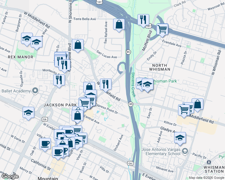 map of restaurants, bars, coffee shops, grocery stores, and more near 500 West Middlefield Road in Mountain View