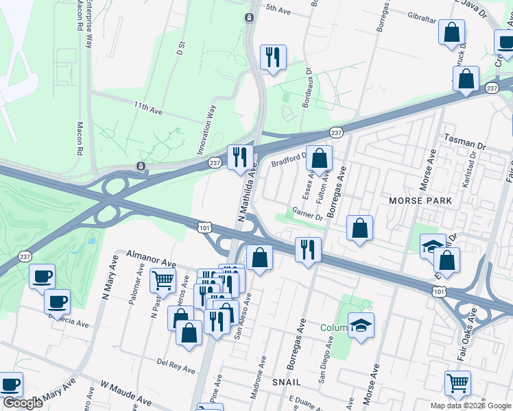 map of restaurants, bars, coffee shops, grocery stores, and more near 1003 Bradford Drive in Sunnyvale