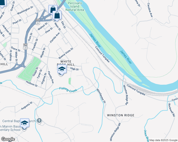 map of restaurants, bars, coffee shops, grocery stores, and more near 2600 Holt Street in Lynchburg