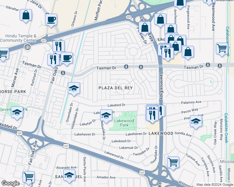 map of restaurants, bars, coffee shops, grocery stores, and more near 327 Avenida Jose in Sunnyvale