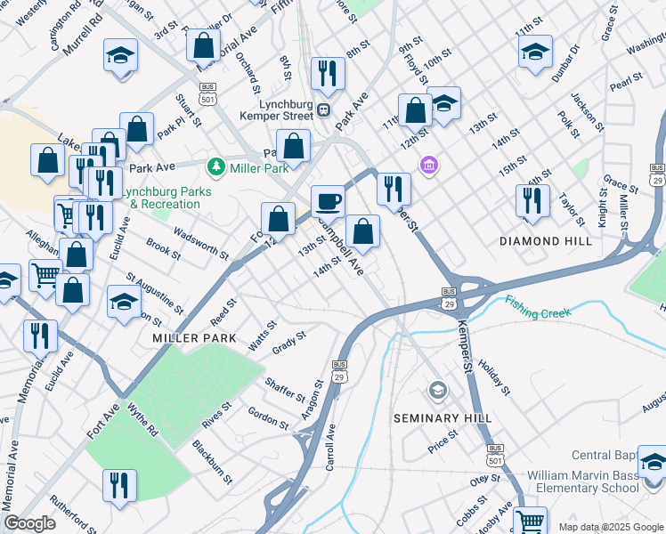 map of restaurants, bars, coffee shops, grocery stores, and more near 2018 14th Street in Lynchburg