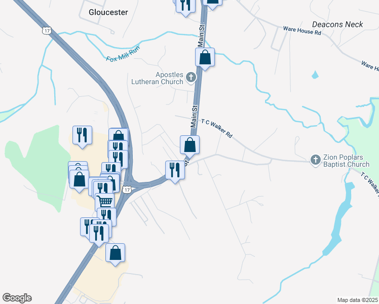map of restaurants, bars, coffee shops, grocery stores, and more near 7210 Main Street in Gloucester