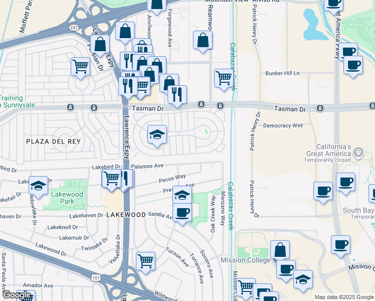 map of restaurants, bars, coffee shops, grocery stores, and more near 1220 Tasman Drive in Sunnyvale