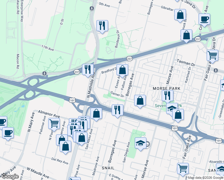 map of restaurants, bars, coffee shops, grocery stores, and more near 1017 Essex Avenue in Sunnyvale