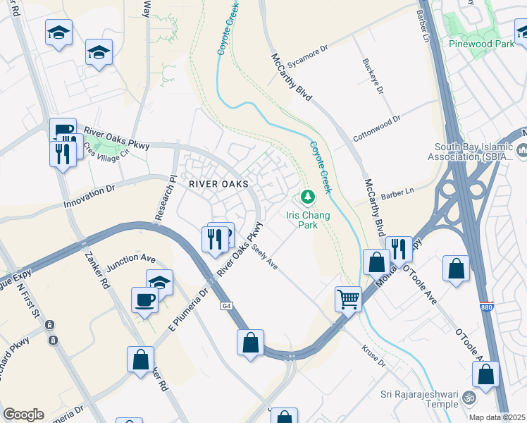 map of restaurants, bars, coffee shops, grocery stores, and more near 832 Jazz Court in San Jose