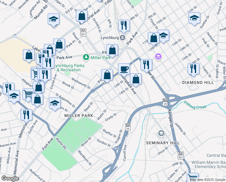 map of restaurants, bars, coffee shops, grocery stores, and more near 2105 13th Street in Lynchburg