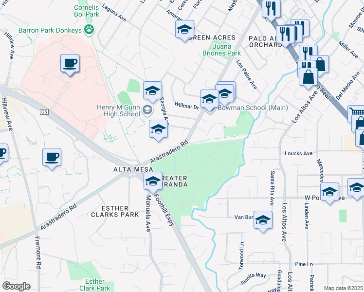 map of restaurants, bars, coffee shops, grocery stores, and more near 4174 Wallis Court in Palo Alto