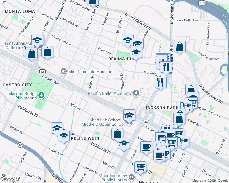 map of restaurants, bars, coffee shops, grocery stores, and more near 1104 Wright Avenue in Mountain View