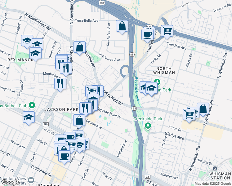map of restaurants, bars, coffee shops, grocery stores, and more near 500 West Middlefield Road in Mountain View