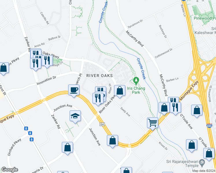 map of restaurants, bars, coffee shops, grocery stores, and more near 430 Navaro Place in San Jose