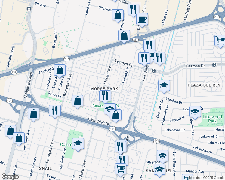 map of restaurants, bars, coffee shops, grocery stores, and more near 1113 Lubeck Terrace in Sunnyvale