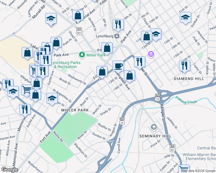 map of restaurants, bars, coffee shops, grocery stores, and more near 2105 13th Street in Lynchburg