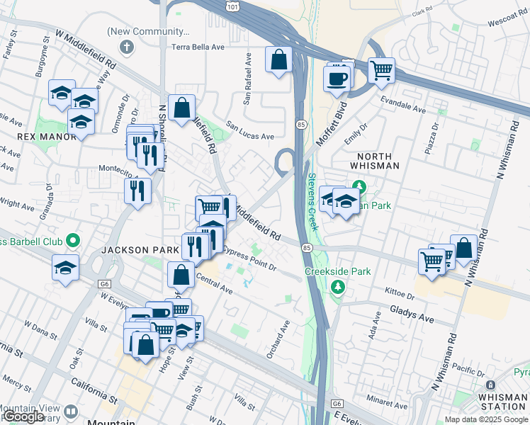 map of restaurants, bars, coffee shops, grocery stores, and more near 500 West Middlefield Road in Mountain View